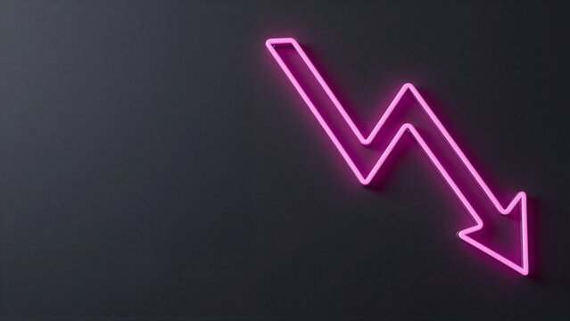 Pink neon arrow pointing down on dark background, symbolizing decline or decrease.