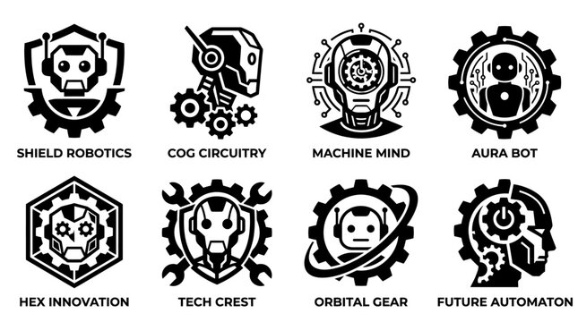 Futuristic robot head logos with mechanical details.