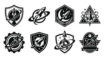 Futuristic space agency and rocket launch badge collection. © Zapheline