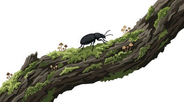 A small black beetle walking across an old tree branch with soft moss and tiny mushrooms. Flat vector style, isolated on white background.