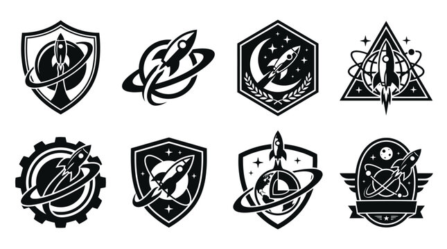 Futuristic space agency and rocket launch badge collection.