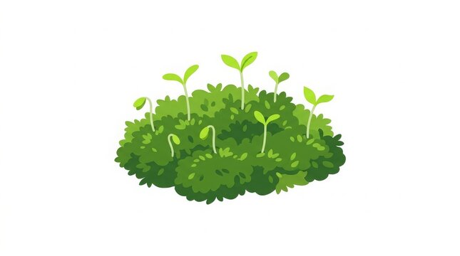 A green moss patch with several tiny fresh sprouts emerging, minimal flat vector illustration, isolated on white background.