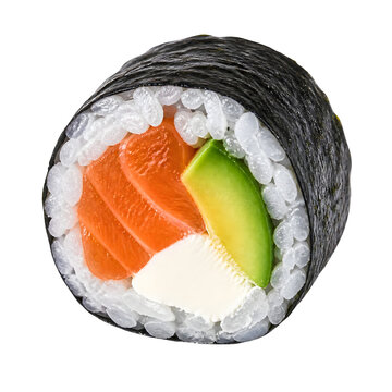 Single piece of salmon avocado sushi maki roll isolated on transparent background. Japanese food cut out element.