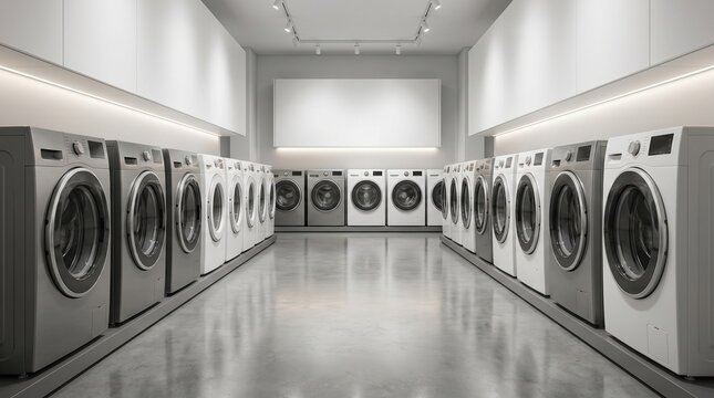 Frontal View of Top-Loading Washer and Dryer in Contemporary Appliance Shop