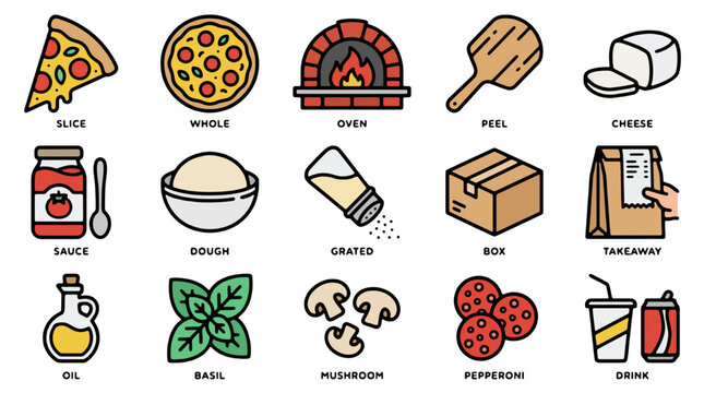 A vibrant collection of colorful icons depicts the essential elements of pizza making and enjoyment, from ingredients to serving.