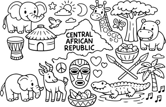 central african republic cartoon outline hand drawn Line Art illustration doodle art coloring page for kids