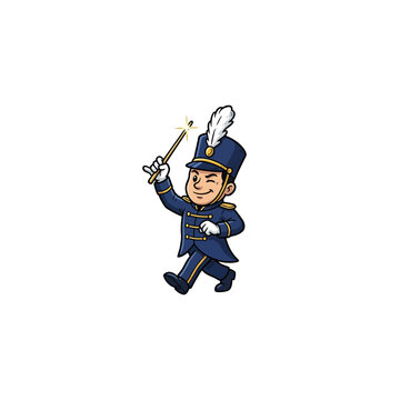 Joyful Marching Band Conductor Mascot Wearing Ornate Navy Uniform With Golden Buttons White Gloves And Plumed Shako Holding A Sparkling Baton Vector Illustration