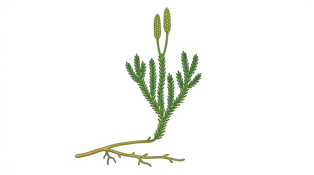 A single club moss plant with upright stems and tiny leaves, flat botanical vector illustration, isolated on white background.
