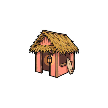 Tropical Seaside Snack Stand With Dual Tier Thatch Roof Glowing Lantern Service Window And Surfboard Propped Beside Entrance Vector Illustration