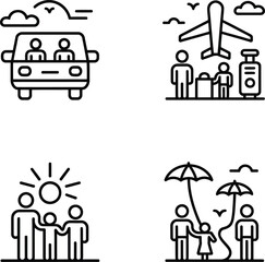 Obraz premium Family travel and leisure linear icons set representing trips and outdoorsy.