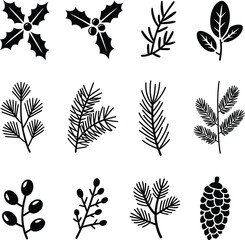 Winter foliage branch and berry icons. © Uhnus