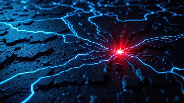 Glowing lines emanate from a central bright point across a dark textured surface.