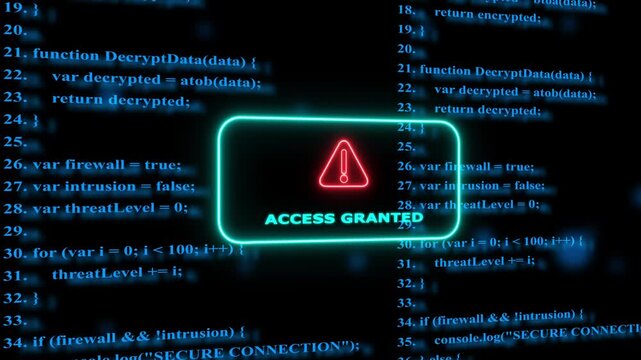 Cyber security access granted notification with scrolling programming code background, software development