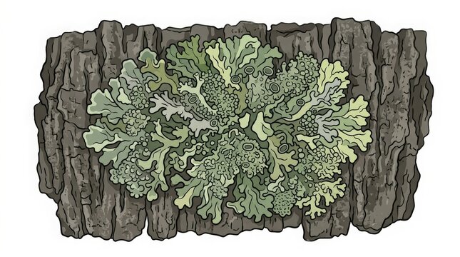 Clean vector illustration featuring tropical lichen growing naturally on tree bark. Suitable for ecology, biology, botanical education, and rainforest-themed designs.