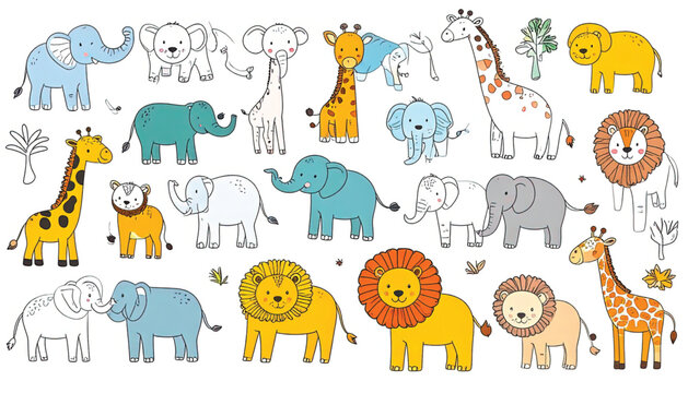 Colorful cartoon safari animal group illustration.