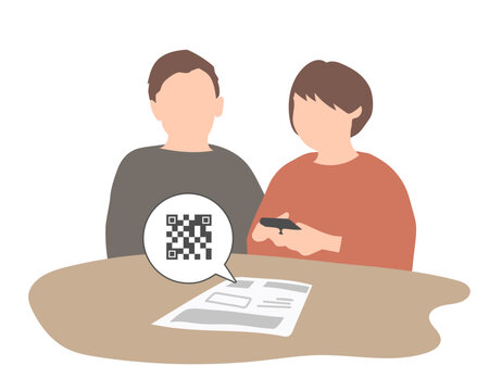 スマホでQRコードを読み取る夫婦のイラスト