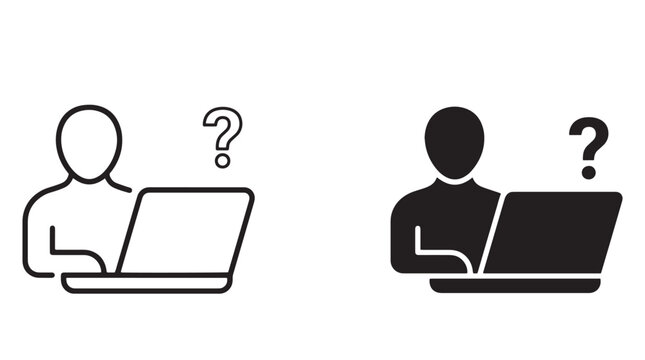 Black and white line icons of confused people with laptops Vector, illustration