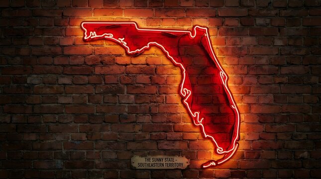 Bright red neon light shaped like the map of florida mounted on a rustic textured dark brown brick wall surface
