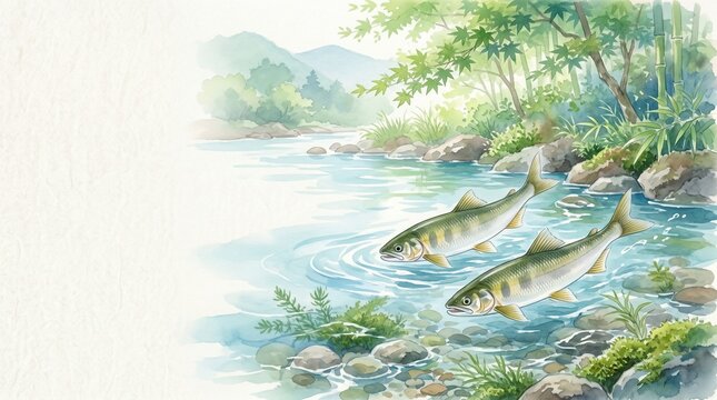 清流を泳ぐ鮎の水彩イラスト 夏の日本の自然風景背景素材
