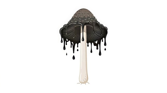 Botanical vector illustration of a unique ink cap mushroom with its distinctive dissolving edge. Perfect for rainforest and educational projects.