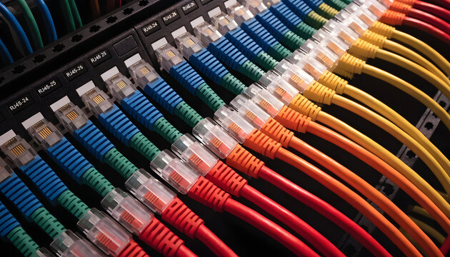 Closeup of a network patch panel with colorful ethernet cables plugged in, organized cabling for server room or data center connectivity