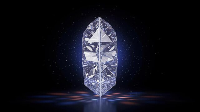 Abstract Crystal Gemstone: A brilliant, multifaceted crystal gemstone with sharp geometric cuts and facets, reflecting light with a dazzling prismatic effect against a dark, atmospheric background.