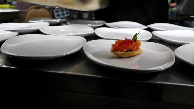 beautifully decorated banquet table with appetizers canapes. buffet for the holiday