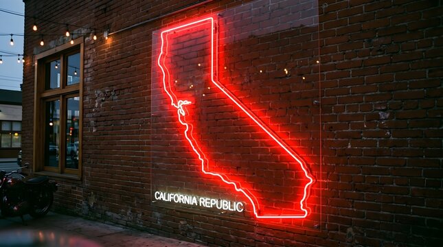 Bright glowing red neon sign showing the state map of california mounted on an old textured dark brown brick wall