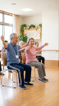 介護予防の健康体操教室で椅子に座りながら運動するシニア世代