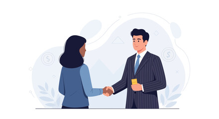 Fototapeta premium Business partners shaking hands, man gives money, financial agreement, teamwork, success concept vector illustration