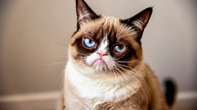 Grumpy Cat Close-up: A feline with a perpetually displeased expression gazes intently at the camera, its blue eyes contrasting with its stern, furrowed brow.