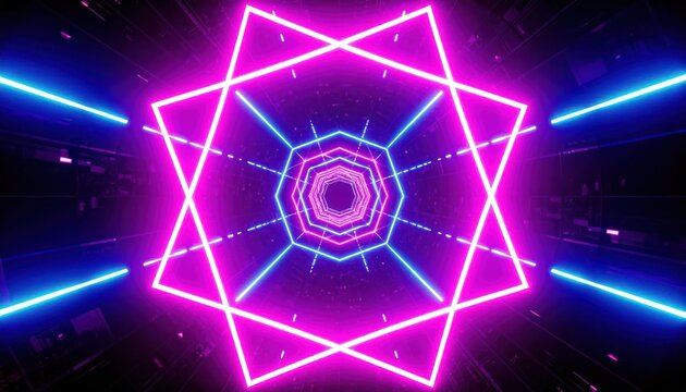 Abstract Neon Tunnel with Octagonal and Star Geometric Shapes in Pink and Blue Lights