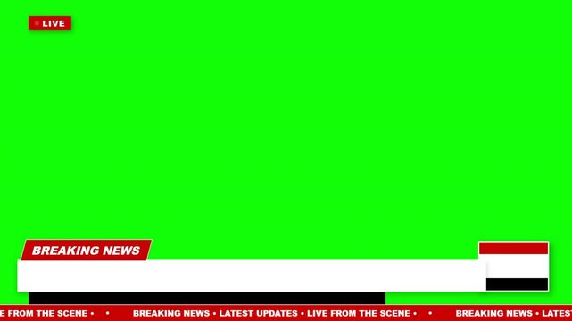 Breaking news green screen with Yemen flag lower third and live ticker