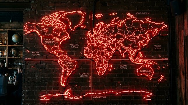 Glowing red neon world map mounted on a rustic dark brick wall inside a dimly lit modern bar or lounge