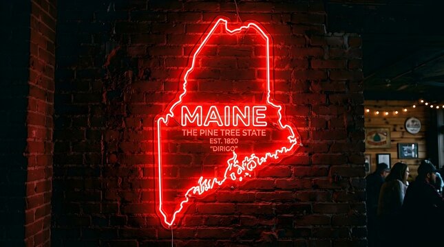 Bright red neon sign depicting the map of Maine state mounted on a dark textured rustic brick wall interior setting