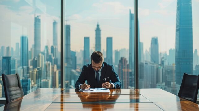 Businessman sits at a polished wooden conference table while signing important legal documents inside a modern high-rise office overlooking a busy urban skyline.