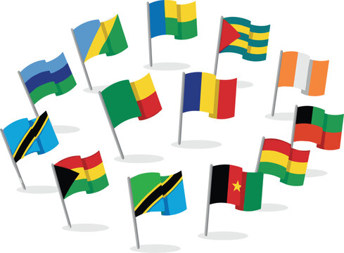 African country waving flag pins vector set, national symbol map markers on white background