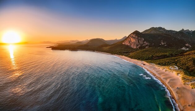 Aerial Sunrise Over Berchida Beach Sardinia Italy