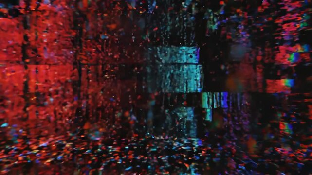 Abstract digital background with vibrant red and blue pixel light particles, futuristic technology, colorful pixel noise pattern, dynamic energy, glowing burst, festive celebration, creative design