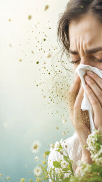 Woman sneezes into tissue due to seasonal pollen allergies. Illness with runny nose and heavy breathing. Medical awareness for World Allergy Day. Health concept and virus prevention.