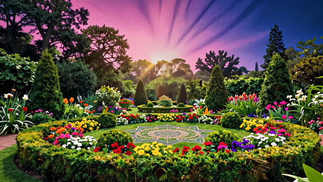Lush Garden with Vibrant Flower Bed and Sunset Sky