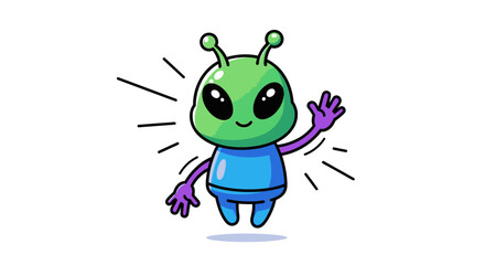Cute Cartoon Alien Waving Hello - Green and Blue Extraterrestrial Character