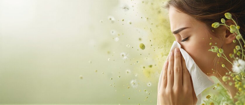 Woman suffering from seasonal allergy and sneezing into tissue. Pollen cloud from flowers in spring air. Medical condition and health problem. Banner with copy space