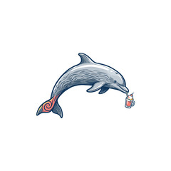 Stylized Gray Dolphin Leaping Mid Air With Ornate Orange And Yellow Tail Fin Sipping Pink Ice Cream Float Topped With Whipped Cream And Cherry Vector Illustration © ndomble