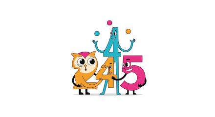 Fototapeta premium Cute Cartoon Numbers 2, 4, 5 with Owl and Juggling Character