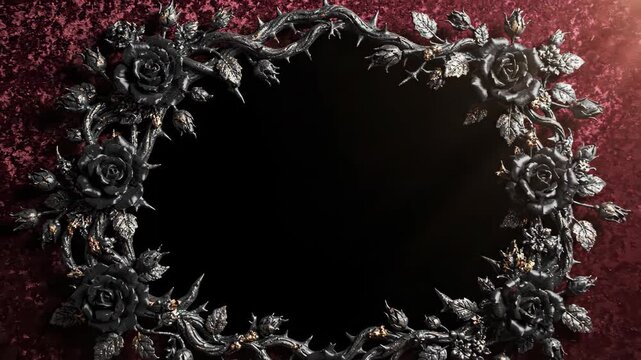 Black rose ornate baroque frame with gothic floral design, dark decorative vintage metallic luxury, dramatic moody background, gold accent, mysterious gothic floral border, metallic sparkle fantasy