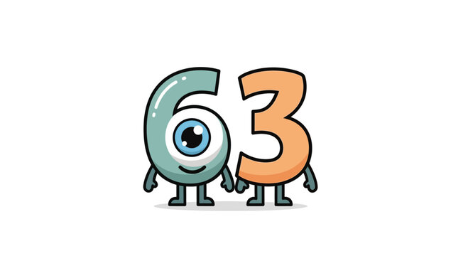 Cute Cartoon Number 63 Characters with Eyes and Legs, Isolated on White