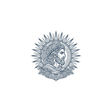 Apollo Greek god line art logo design with sunburst and lyre elements.
