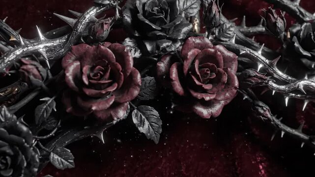 Black rose red rose thorn dark dramatic gothic flower nature closeup metallic fantasy sparkle ornate gothic arch with dark red and black roses, silver thorny vines, intricate metalwork, baroque style