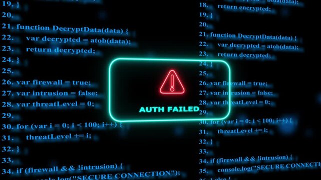Auth failed error message on digital coding background, cyber security alert, system access denied concept